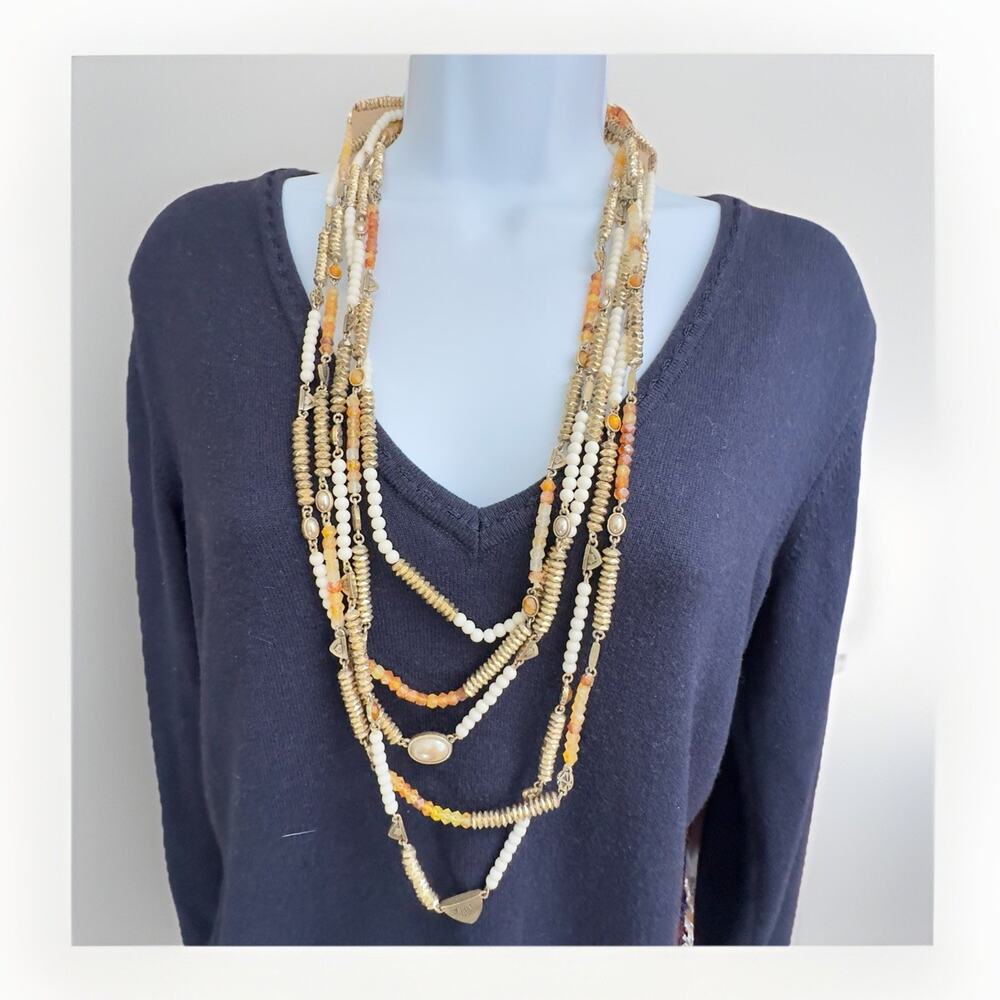 Lucky Brand Layered Necklace Multi Strand Seed Beads Gold Tone Boho Jewelry